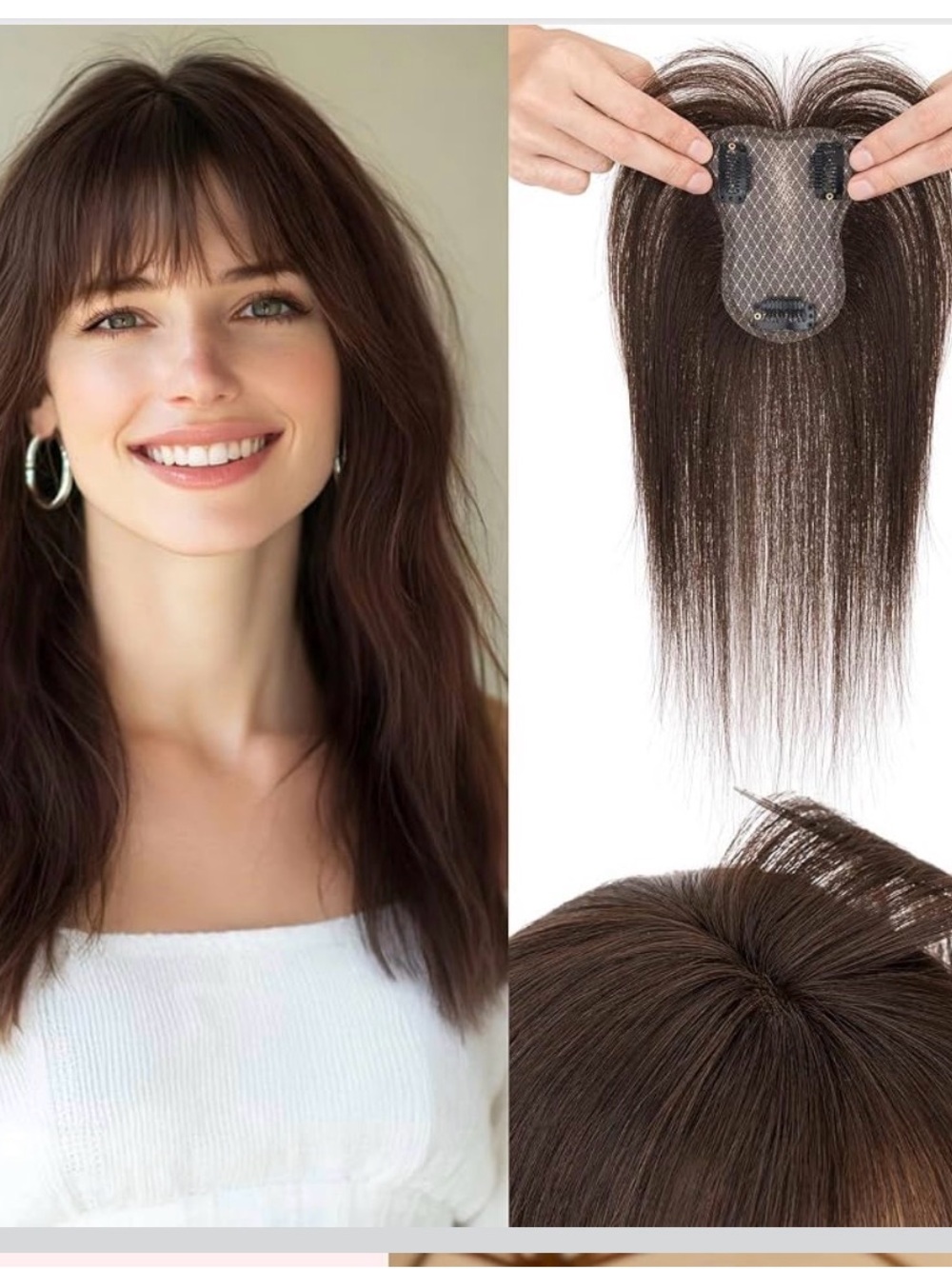 Hairro Human Hair Toppers w/Bangs, 360° 3D Coverage Clip in 3.15"x4.33",10”,#02
